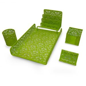 Green Metal Mesh Flower Design Desk Set